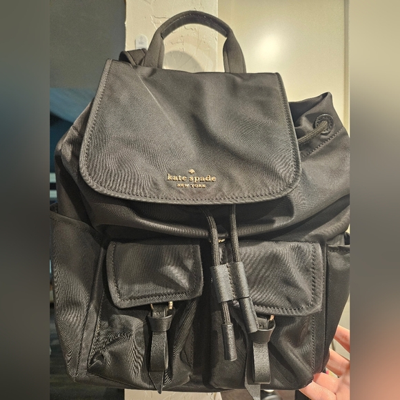 Kate Spade Black Carley Flap Nylon Drawstring Backpack w / Pockets - Picture 9 of 10